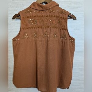 Charlie B Embellished Button Down Top Terra Cotta Linen Cotton Beaded Pearl Med